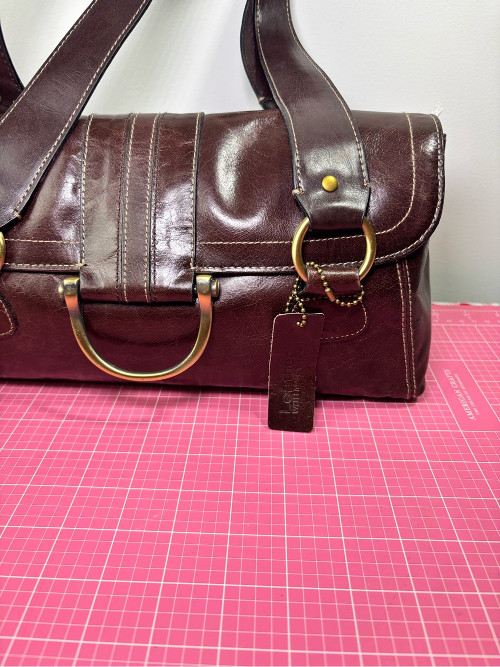 Vintage Y2K APT9 Womens Brown Leather Shoulder Bag Purse Handbag Dbl Handle Tote - Picture 3 of 16